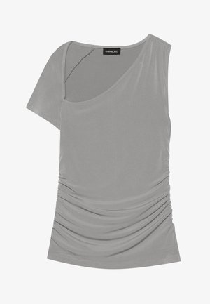 Gray short-sleeve top with asymmetrical design, gathered texture on the side, and a round neckline. Made from soft, stretchy material.