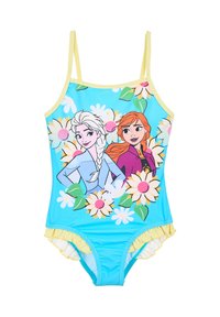 Costume da bagno con tessuto blu e design floreale. Illustrazioni di due personaggi animati, bordo giallo e aperture delle gambe arricciate.