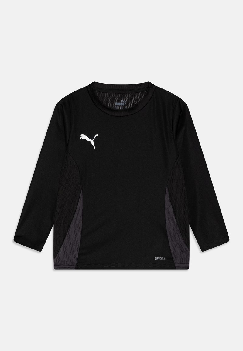 Schwarzes langärmliges Sportshirt mit Mesh-Seitenteilen, mit einem weißen Puma-Logo auf der Brust und dem "DRYCELL"-Label nahe dem Saum.