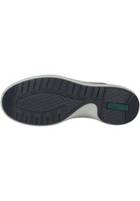 Suola della scarpa con un design in gomma nera testurizzata, con scanalature profonde e un bordo liscio grigio chiaro. Include un accento verde del logo "Superga".