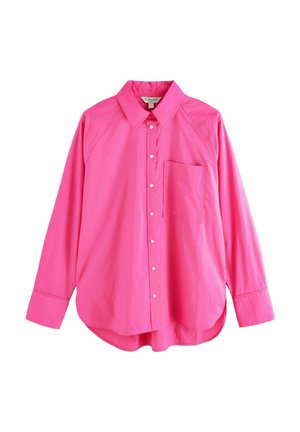 Pink long-sleeve shirt made of smooth fabric, featuring a pointed collar, button front, and single chest pocket; curved hem design.