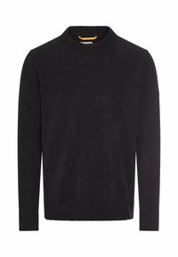 Zwarte langmouw crewneck trui met ribgebreide manchetten en zoom, tentoongesteld op een witte achtergrond.