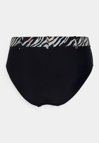 Calções de banho pretos com uma cintura estampada em branco e preto com detalhes em laranja. Textura suave, design de cintura alta.