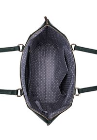 Grüner, texturierter Innenraum einer Handtasche mit Reißverschluss, grauem Punktmuster-Futter, einer Reißverschlusstasche und zwei Seitenfächern.