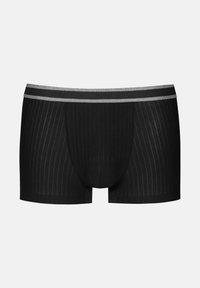 Boxer-briefs en coton noir avec des rayures verticales étroites et une taille élastique grise. Comprend une poche contournée pour un meilleur soutien.