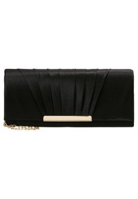 Pochette en satin noir avec un design plissé, barre en métal doré, et une chaîne amovible dorée pour plus de polyvalence.
