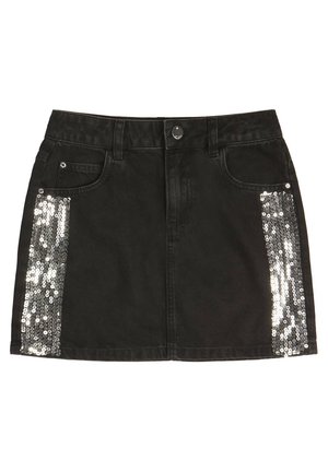 Schwarzer Jeans-Minirock mit Vordertaschen und vertikalen silbernen Paillettenpanelen auf beiden Seiten.