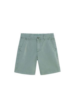 Pantalones cortos de algodón verde claro para hombre, con bolsillos delanteros, presillas para cinturón, cierre de botones y longitud hasta la mitad del muslo.