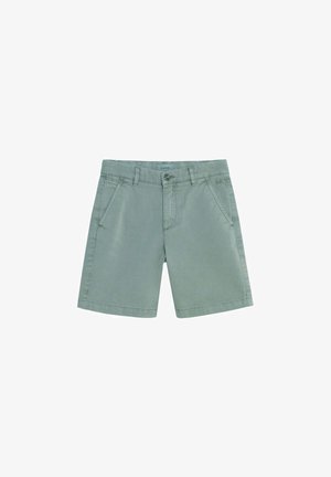 Hellegrüne Herren-Baumwollshorts mit Fronttaschen, Gürtelschlaufen, Knopfverschluss und mittellanger Oberschenkellänge.