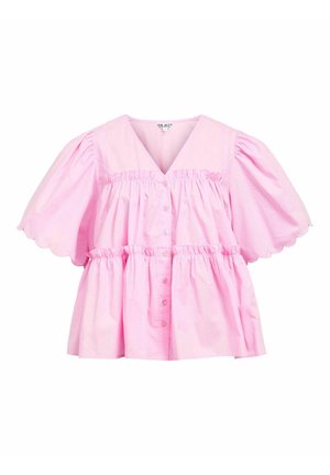 Blouse rose avec un décolleté en V, des manches courtes bouffantes, un ourlet festonné et un devant boutonné. Fabriquée en coton léger avec une coupe ample et froncée.