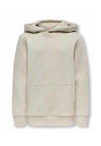 Beiger Kapuzenpullover mit langen Ärmeln, einer vorderen Kängurutasche sowie gerippten Bündchen und Saum, dargestellt vor weißem Hintergrund.