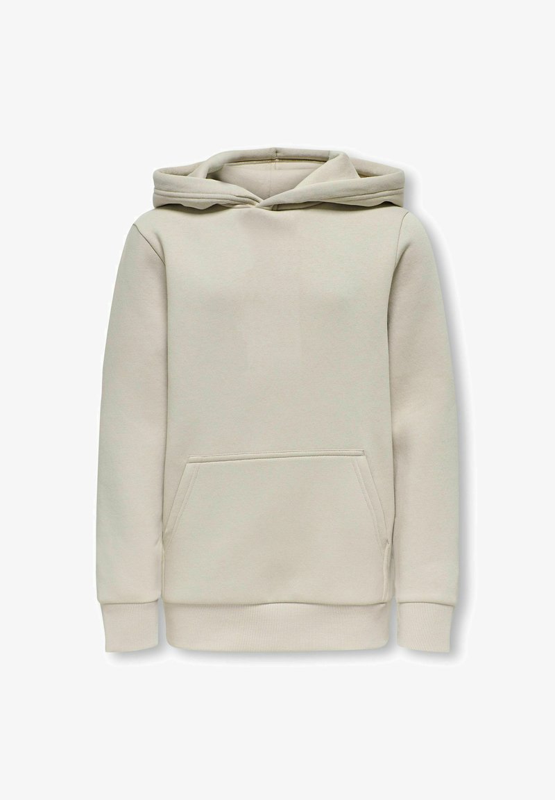 Felpa beige chiaro realizzata in un tessuto soffice, con tasca frontale, cappuccio regolabile con coulisse e polsini e orlo ribattuti.