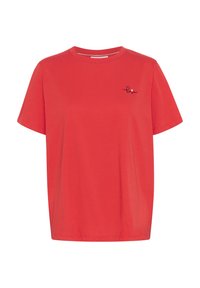 Red cotton T-shirt with short sleeves, round neck, and small black embroidered detail that reads "love" on the left chest.