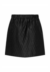 Sort mini nederdel med et tekstureret bølgemønster, med en elastisk talje. Glat materiale med en let glans og udsvinget design.