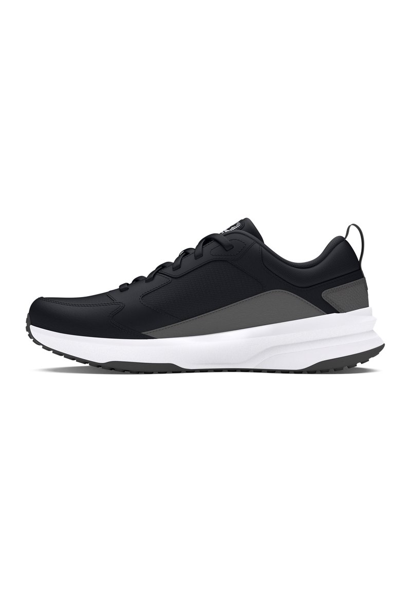 Zapatillas deportivas negras con parte superior lisa, acentos grises, entresuela blanca acolchada y suela exterior de goma texturizada. Incluye cordones y una tira en el talón.