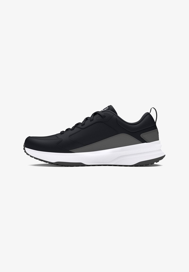 Zapatillas deportivas negras con parte superior lisa, acentos grises, entresuela blanca acolchada y suela exterior de goma texturizada. Incluye cordones y una tira en el talón.