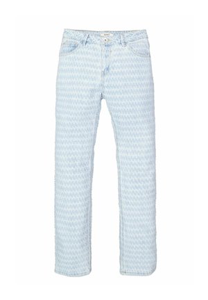 Himmelblaue Jeans mit einem strukturierten Hahnentritt-Muster, geradem Schnitt, Fünf-Taschen-Design und Knopfverschluss an der Taille.