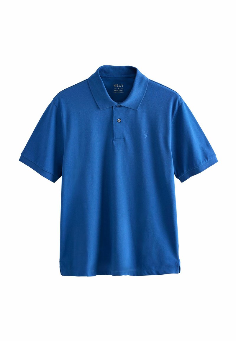 Royalblaues Polohemd aus Baumwolle, mit einem Kragen, kurzen Ärmeln und einem kleinen gestickten Logo auf der Brust.