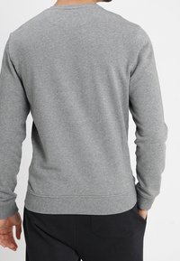 Sudadera gris con mangas largas, cuello redondo y puños y dobladillo acanalados. Textura suave con un corte clásico y un diseño minimalista.