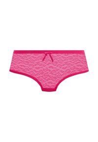 Roze kanten slip met een subtiel golvend patroon, een opvallende tailleband en een centrale strikdetail aan de voorkant. Rekbare, zachte stof.