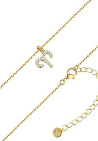 Gold chain necklace featuring a crescent-shaped pendant adorned with clear crystals. Includes a lobster clasp and adjustable chain.
