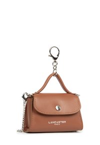 Small brown leather pouch with flap and snap button, silver chain and lobster clasp, "Lancaster Paris" logo on front.