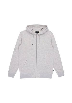 Hellgrauer Kapuzenpullover mit durchgehendem Reißverschluss, Fronttaschen und Kordelzug an der Kapuze, flach ausgebreitet mit ausgestreckten Ärmeln.