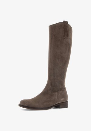 Brown suede knee-high boot with a rounded toe and low stacked heel. Features a pull tab for ease of wear. Simple, smooth texture.