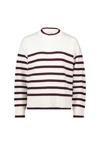 Pull crème avec des rayures horizontales bordeaux, col rond et manches longues. Poignets et ourlet côtelés avec un design à coupe décontractée.