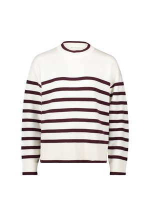Pull crème avec des rayures horizontales bordeaux, col rond et manches longues. Poignets et ourlet côtel�és avec un design à coupe décontractée.