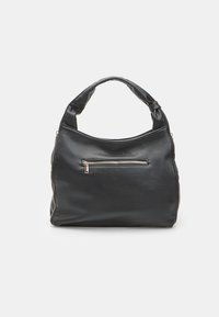 Borsa a tracolla nera in pelle con una texture liscia, silhouette curva e una tasca frontale con zip. Dotata di un manico corto e morbido.