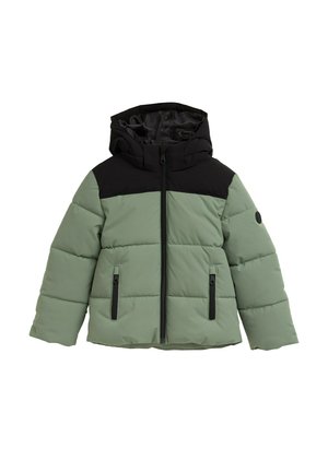 Giacca imbottita con cappuccio nero e parte superiore, caratterizzata da un corpo verde chiaro, tasche con zip e una finitura testurizzata.