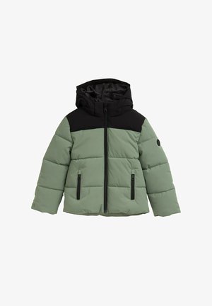 Gepolsterte Jacke mit einer schwarzen Kapuze und oberem Bereich, mit einem hellgrünen Körper, Reißverschlusstaschen und einer strukturierten Oberfläche.