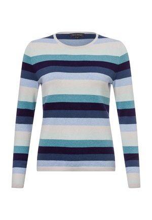 Langslachtige trui met horizontale strepen in lichte blauw, donkerblauw en crème, met een ronde hals en zachte textuur.