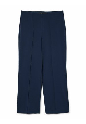 Navyblauwe wijde broek met een gladde textuur, voorzien van twee plooien aan de voorkant, een elastische tailleband en een rechte snit die eindigt bij de enkels.