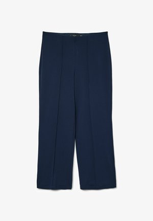 Marineblaue Weitbeine-Hosen mit glatter Textur, zwei vorderen Falten, einem elastischen Bund und geradem Schnitt, der an den Knöcheln endet.