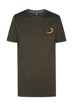 T-shirt vert olive en coton à manches courtes. Il présente un col rond et un petit logo jaune sur la poitrine gauche.