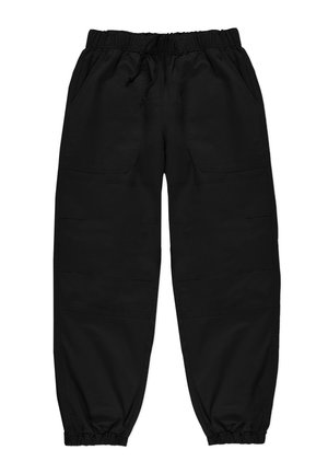Czarne spodnie cargo z elastycznym pasem, sznurkiem ściągającym, bocznymi kieszeniami i elastycznymi mankietami. Wykonane z gładkiego materiału o luźnym kroju.
