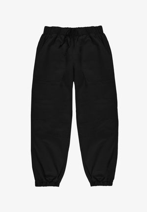 Czarne spodnie cargo z elastycznym pasem, sznurkiem ściągającym, bocznymi kieszeniami i elastycznymi mankietami. Wykonane z gładkiego materiału o luźnym kroju.