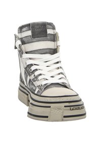 High-top sneakers featuring a textured gray and white upper, white laces, and a chunky sole with black stripes. Notable brand detail on the side.