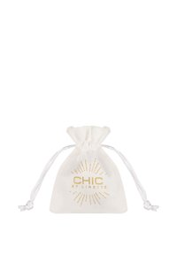 White fabric pouch with a drawstring closure, featuring gold text "CHIC BY LIRETTE" and a sunburst design. Smooth texture and simple shape.