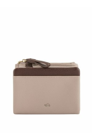 Portefeuille en cuir beige et marron, de forme rectangulaire, avec une surface texturée, doté d'une fermeture zippée et d'un petit logo en accent à l'avant.