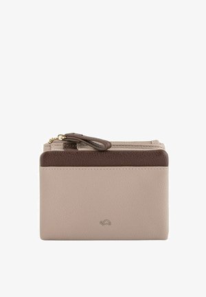 Beige and brown leather wallet, rectangular shape, textured surface, featuring a zip closure and a small accent logo on the front.