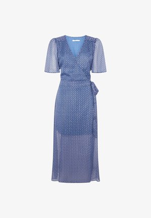 Sinine pakirõivastus lühikeste puhviga varrukatega, läbipaistvast kangast, teemantmustriga, sidumisdetailiga vöökohtades ja V-kaelusega. Keskmise pikkusega disain.