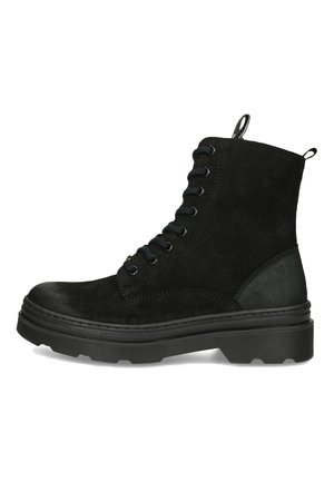 Black suede ankle boots with lace-up front, rounded toe, and textured rubber sole. Features a back pull tab for easy wearing.