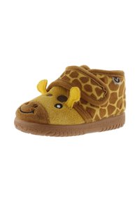 Pantofole morbide per bambini a forma di giraffa con cinturino in velcro, suola in gomma marrone e motivo a giraffa su tessuto in peluche.