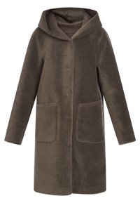 Cappotto con cappuccio in un morbido tessuto marrone scuro. Presenta una chiusura con bottoni frontale, due tasche anteriori e una silhouette morbida.