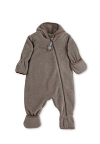 Braunes Fleece-Baby-Overall mit Kapuze, Reißverschluss, elastischen Bündchen und einem dekorativen Sternakzent. Verfügt über einen kontrastierenden braunen Saum und eine weiche Textur.