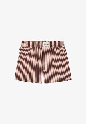 Boxers en tissu doux, avec des rayures verticales marron et beige. Taille élastique avec un label centré et une poche arrière.