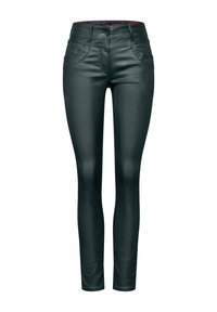 Ciemnozielone dżinsy slim-fit wykonane z błyszczącego materiału, z pięcioma kieszeniami i zapięciem na guzik z przodu. Gładka tekstura z eleganckim wyglądem.